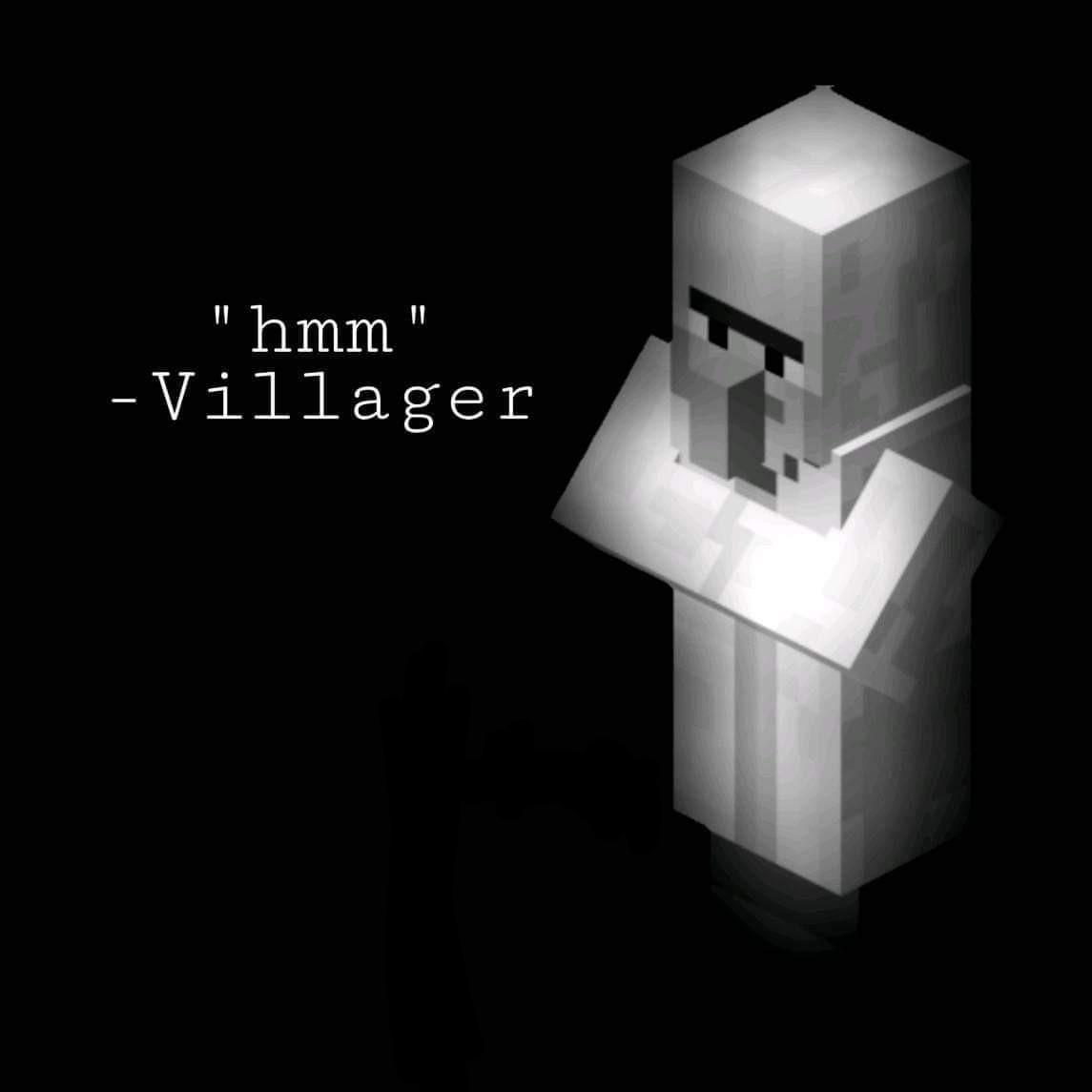A black and white Minecraft villager with the quote: hmm —Villager